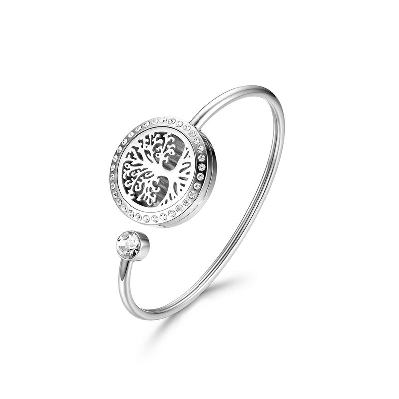 Cupimatch Adjustable Tree of Life Essential Oil Diffuser Bracelet, Stainless Steel CZ Aromatherapy Locket Bangle 8 Color Pads Jewelry Set for Women Gifts (Tree) for Mothers Day - Image 1